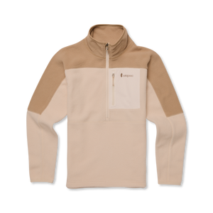 Tan fleece quarter-zip pullover with chest pocket.