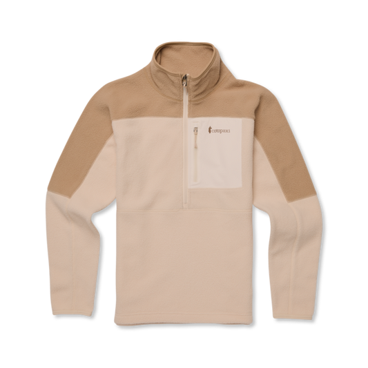 Tan fleece quarter-zip pullover with chest pocket.