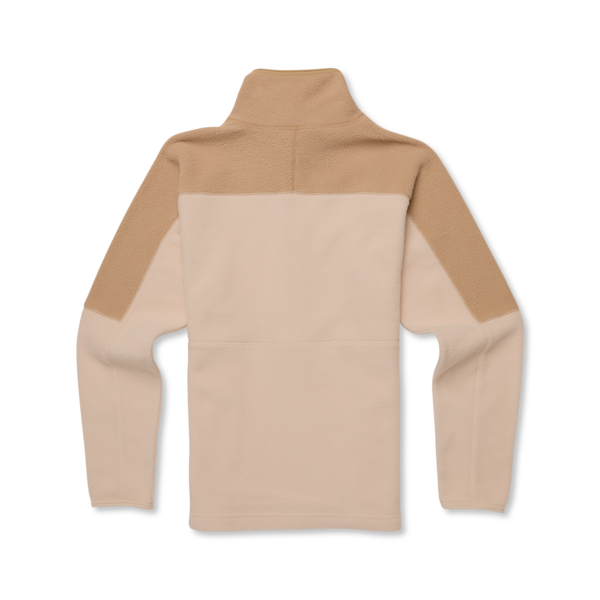 Tan fleece pullover with a mock neck and contrasting tan shoulder panels.