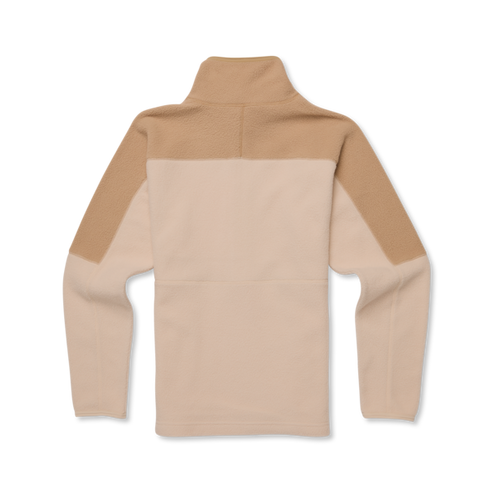 Tan fleece pullover with a mock neck and contrasting tan shoulder panels.