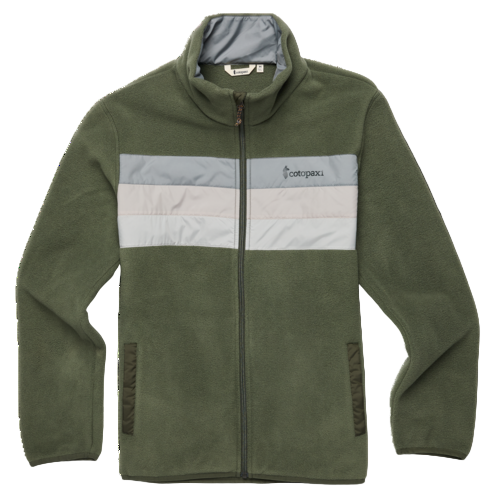 Olive green fleece jacket with silver and white stripes across the chest.