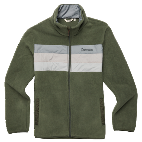 Olive green fleece jacket with silver and white stripes across the chest.