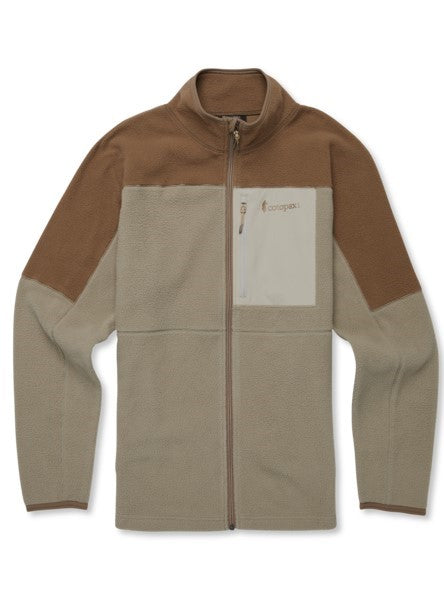 Beige fleece jacket with brown shoulders and a cream-colored chest pocket.