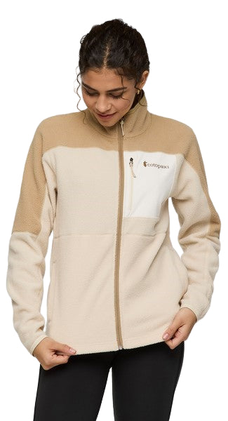 A beige, cream and light brown long-sleeved fleece jacket with a full front zipper and a breast pocket.