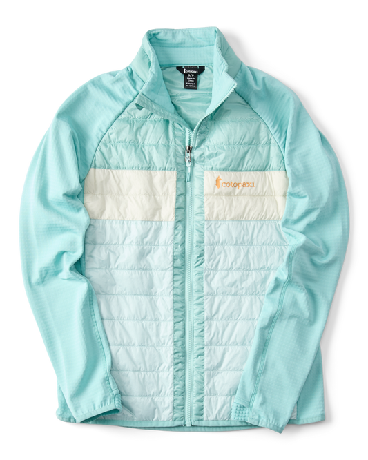 Light blue quilted jacket with white horizontal accents and logo text.