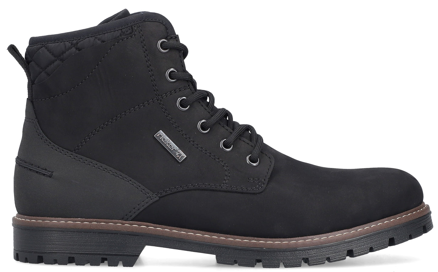 Black ankle boot with laces and lug sole.