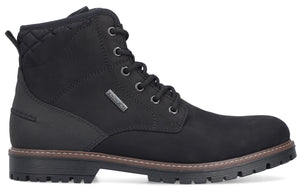Black ankle boot with laces and lug sole.