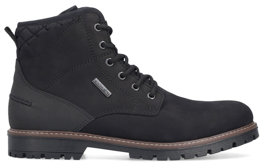 Black ankle boot with laces and lug sole.