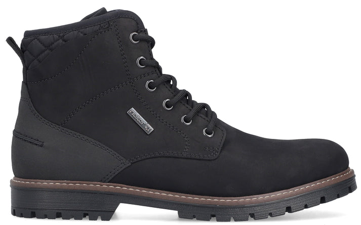 Black ankle boot with laces and lug sole.