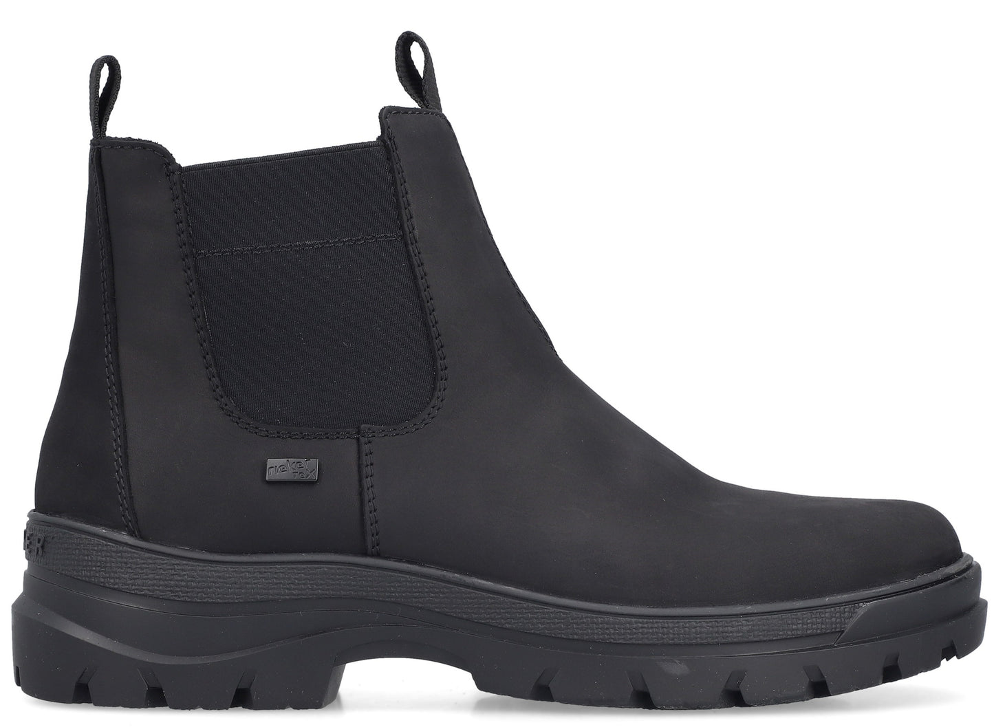 A black, mid-height boot with elastic side panels and a chunky sole.