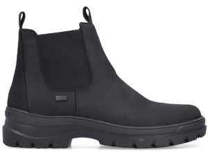 A black, mid-height boot with elastic side panels and a chunky sole.