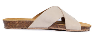Slide sandal with beige criss-cross straps and a cork sole.