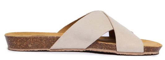 Slide sandal with beige criss-cross straps and a cork sole.
