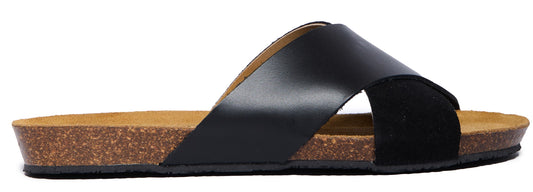 Black slip-on sandal with criss-cross straps and cork sole.