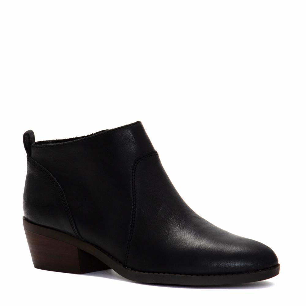Low-heeled black leather ankle boot with pull tab