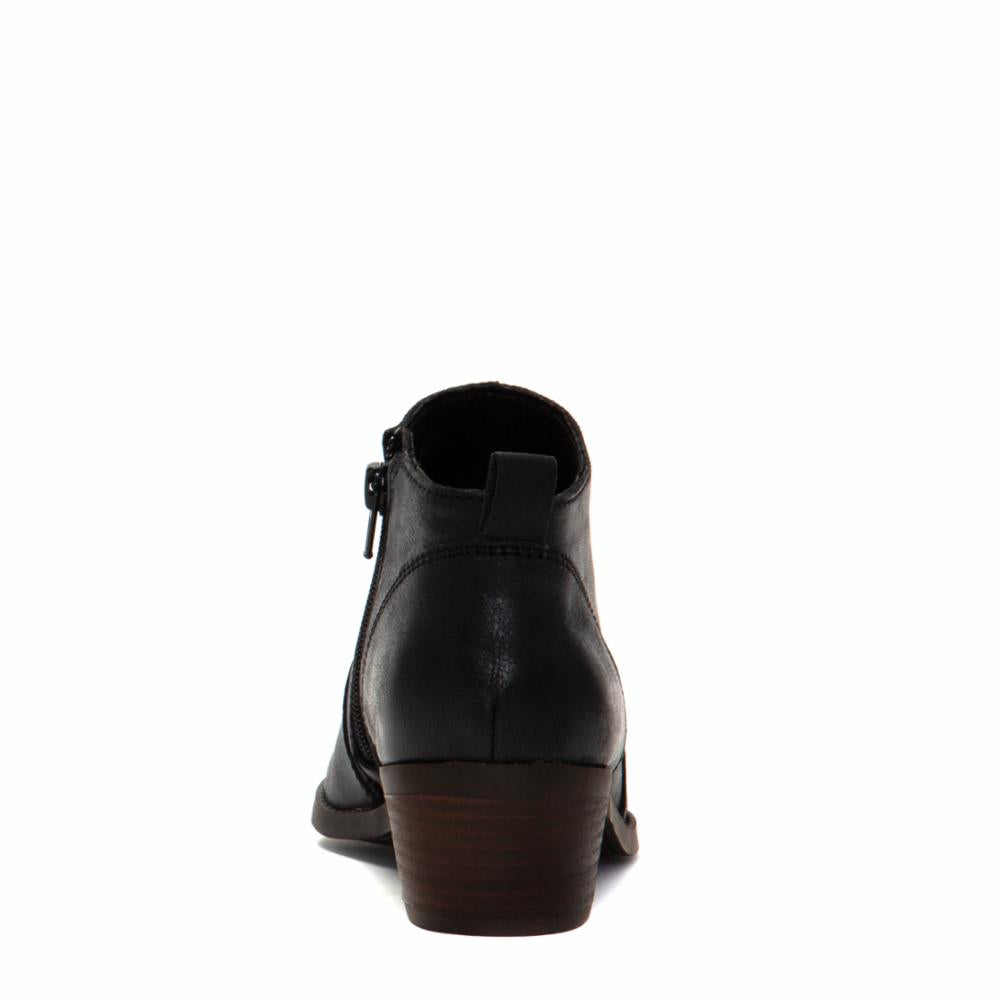 Back view of a black ankle boot with a block heel and side zipper.