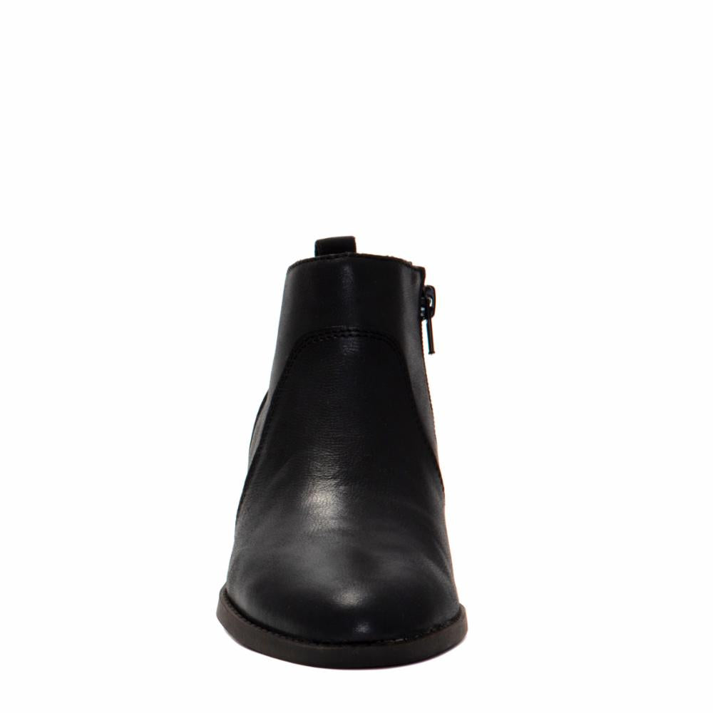 Black ankle boot with zipper closure.