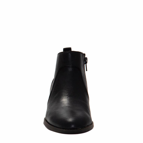 Black ankle boot with zipper closure.
