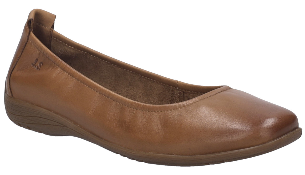 Brown leather ballet flat shoe with elastic topline and low heel, "J.S." initials visible near the heel.