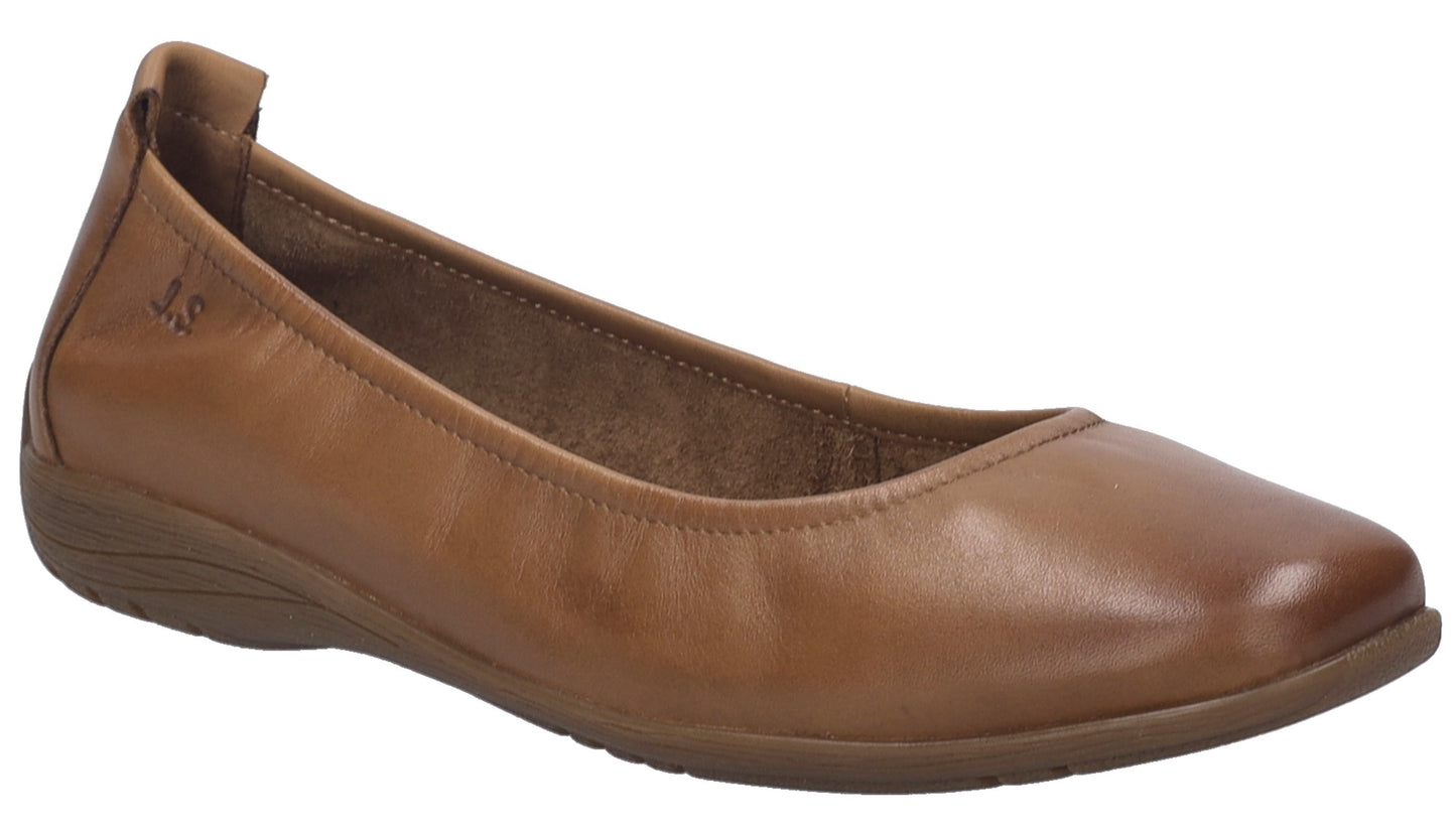 Brown leather ballet flat shoe with elastic topline and low heel, "J.S." initials visible near the heel.