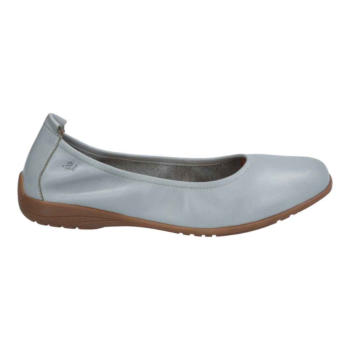 Light blue ballet flat shoe with a brown sole.