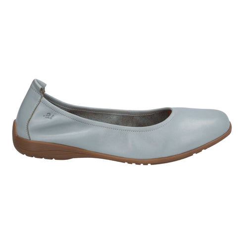 Light blue ballet flat shoe with a brown sole.