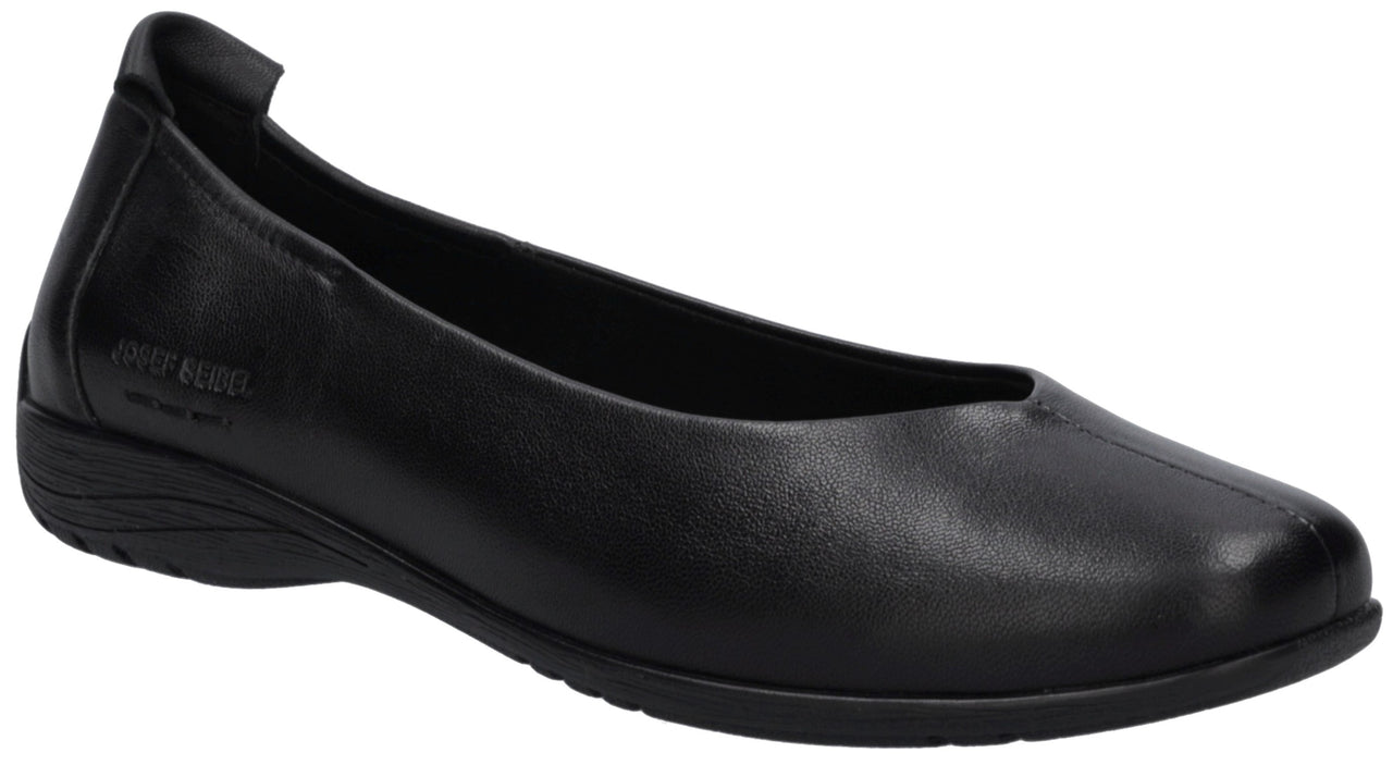 A black leather slip-on ballet flat shoe with a low, flat heel and a seamless, rounded toe design viewed from a side angle.