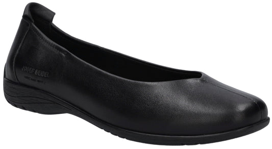 A black leather slip-on ballet flat shoe with a low, flat heel and a seamless, rounded toe design viewed from a side angle.