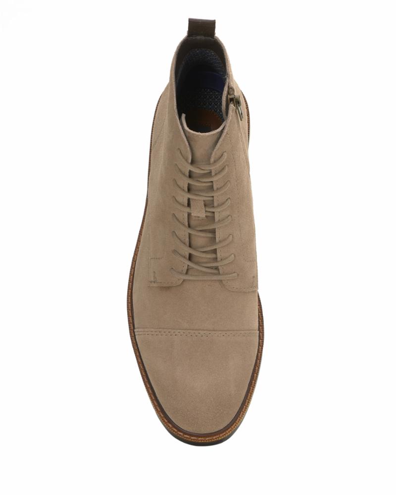 Tan lace-up ankle boot with cap toe and side zipper.
