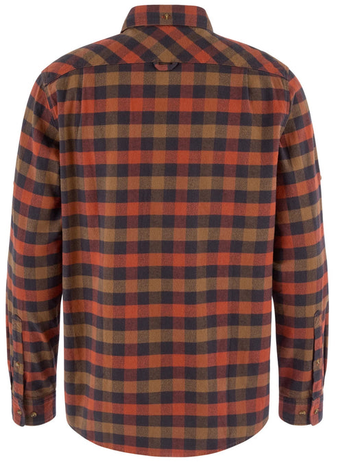 A back view of a long-sleeved button-up shirt featuring a rust orange, dark brown, and black buffalo plaid pattern.