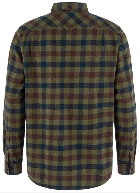 A back view of a long-sleeved button-down flannel shirt with a green, brown, and navy blue plaid pattern.
