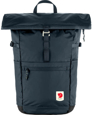 Rolled top backpack, dark blue, with a handle, a front zipper pocket, a red square logo at the bottom right.