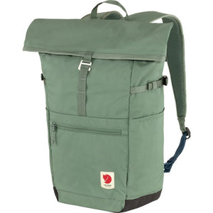 Green roll-top backpack with front zipper pocket and small rectangular logo.
