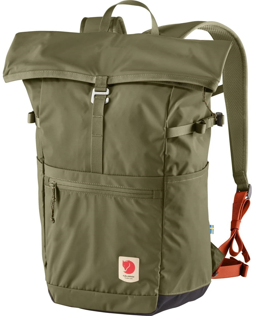 Green rolltop backpack with side pockets and red rectangular patch.