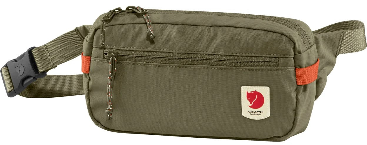 Olive green fanny pack with black buckle and orange straps.