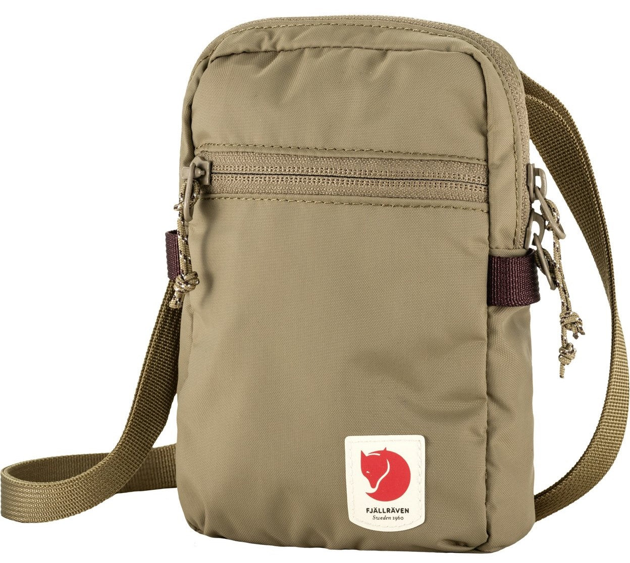 Khaki vertical small bag with a shoulder strap, a top zipper, a front zipper and a logo with a red fox.