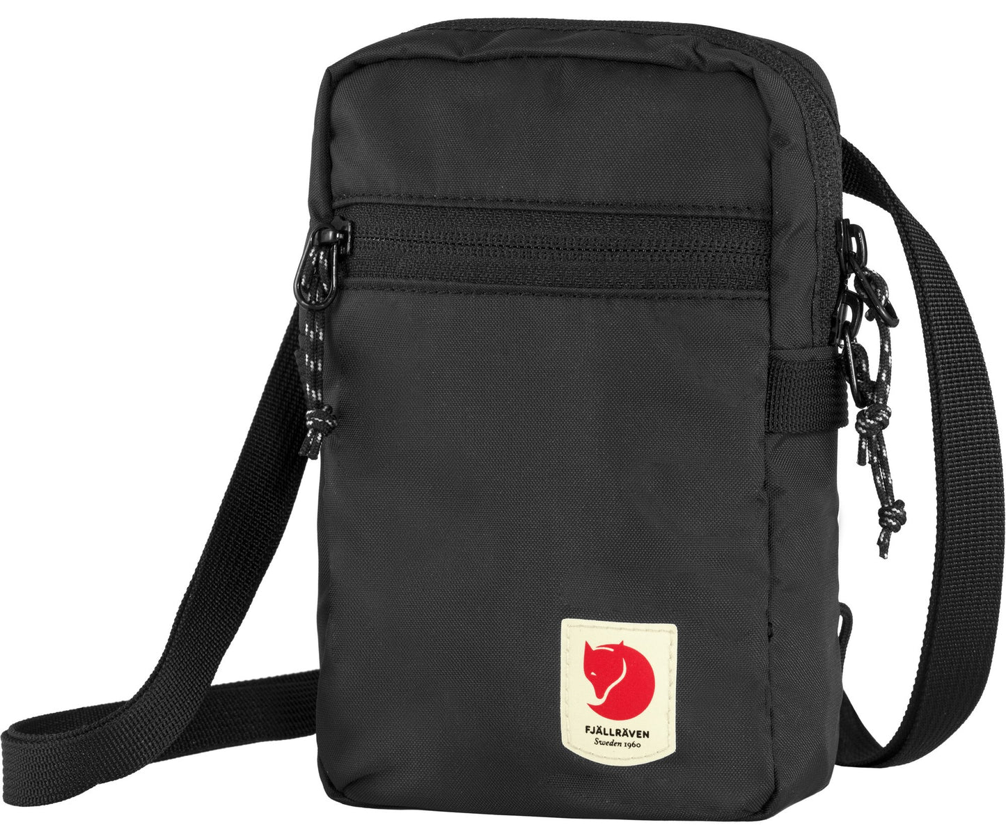 Black rectangular bag with shoulder strap, zipper pocket, and a small red patch with a white logo of a fox, and the text "FJALLRAVEN 1960 SWEDEN" below it.