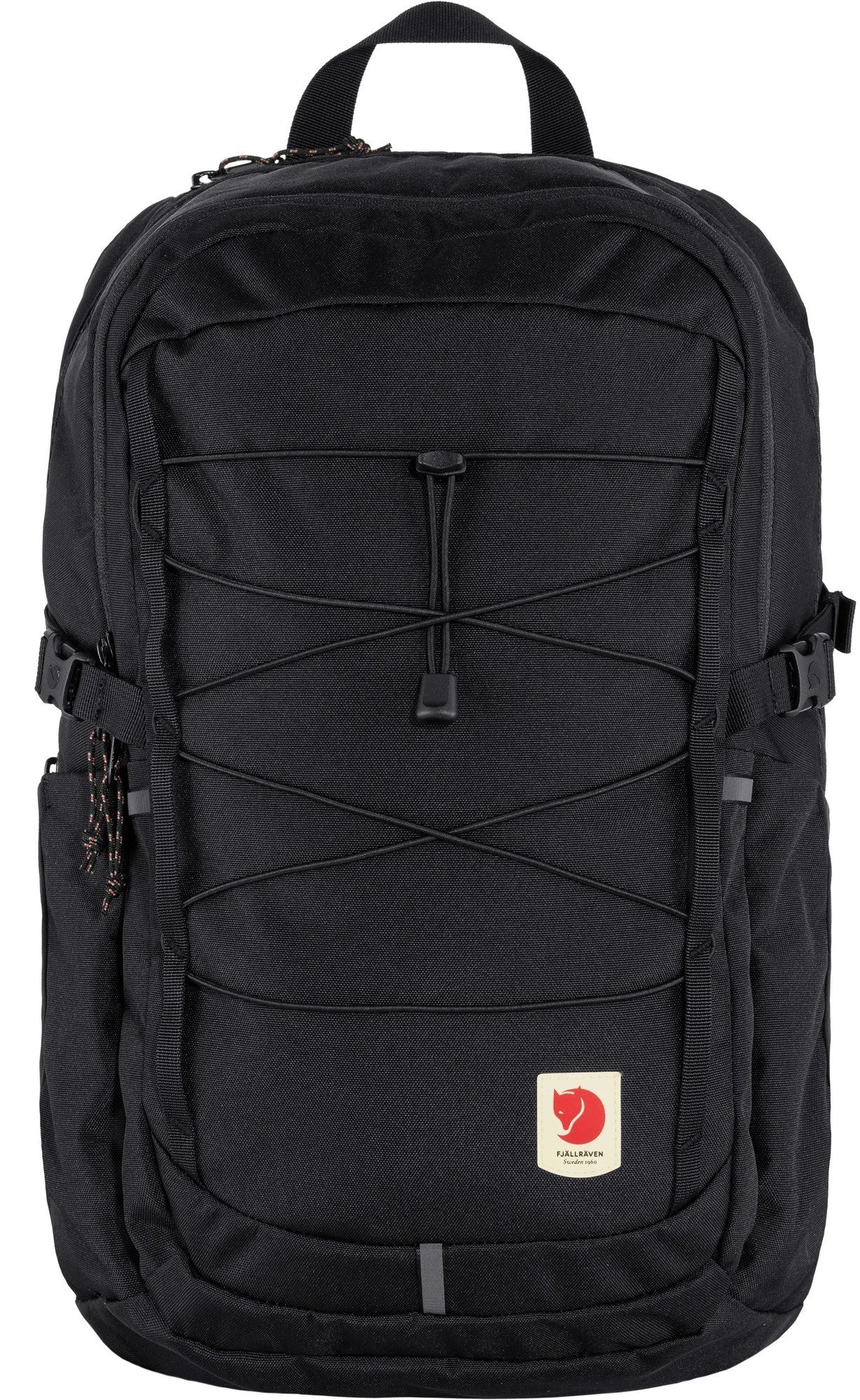 Black backpack with bungee cord.