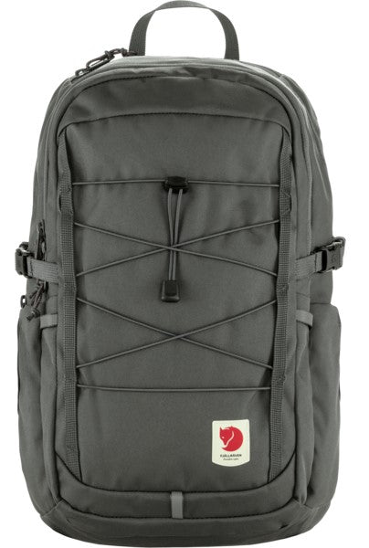 Gray backpack with bungee cord criss-cross design, side pockets, and a red and white logo.