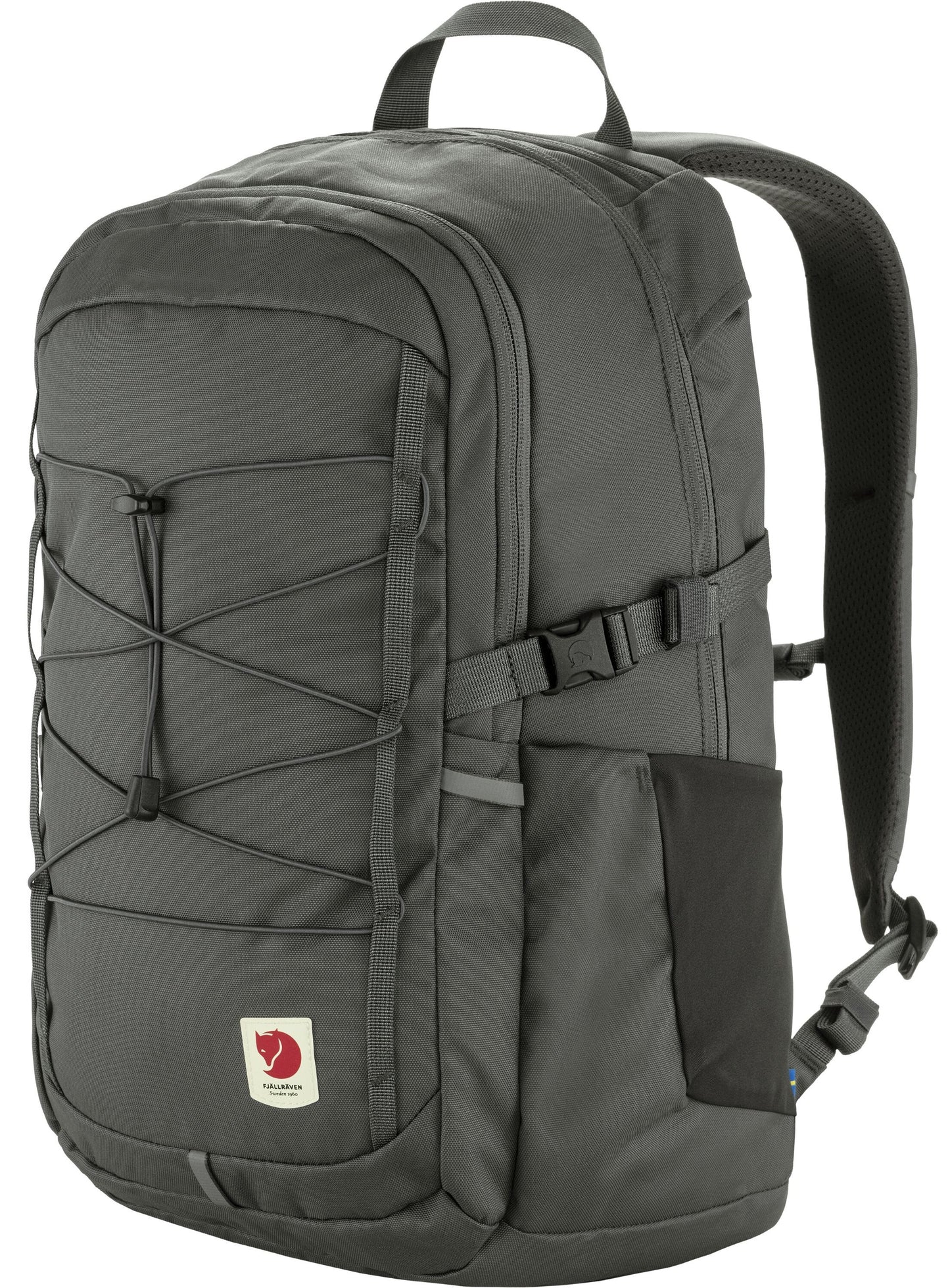 Grey backpack with black bungee cords and a logo patch.