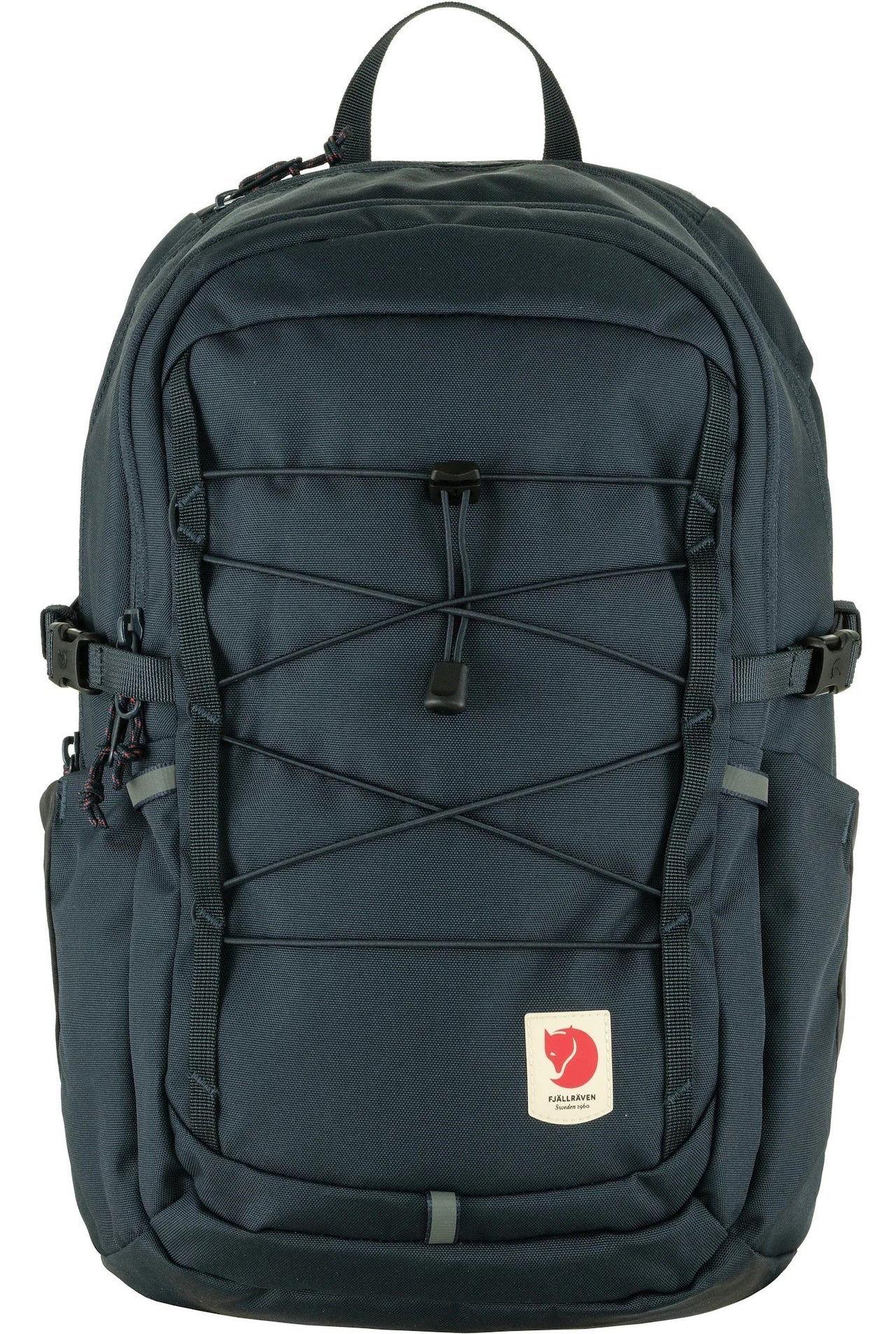 Dark blue backpack with bungee cord on front and logo near the bottom.