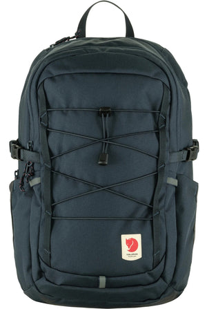 Dark blue backpack with bungee cord on front and logo near the bottom.