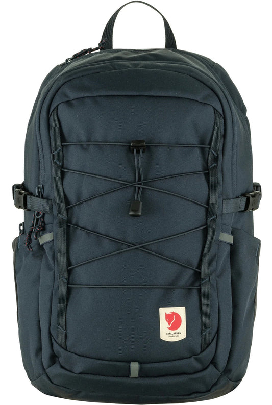 Dark blue backpack with bungee cord on front and logo near the bottom.