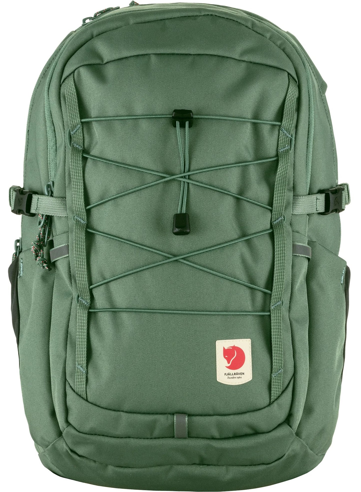 Green backpack with criss-cross bungee cord on front, logo on lower front.