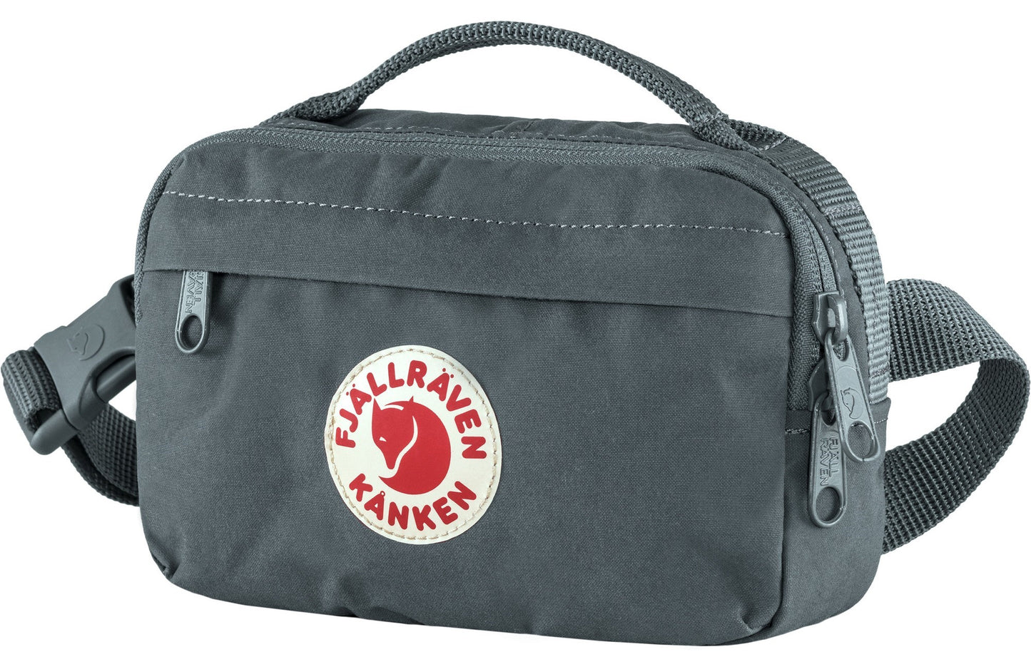 Gray fanny pack with a round white logo featuring a red fox.