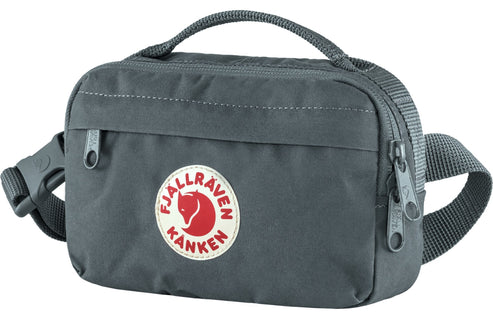 Gray fanny pack with a round white logo featuring a red fox.