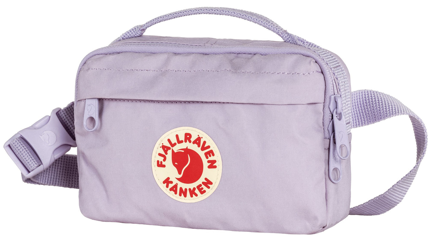 Lavender fanny pack with a carrying handle on top and an emblem of a red fox on a white circular background.