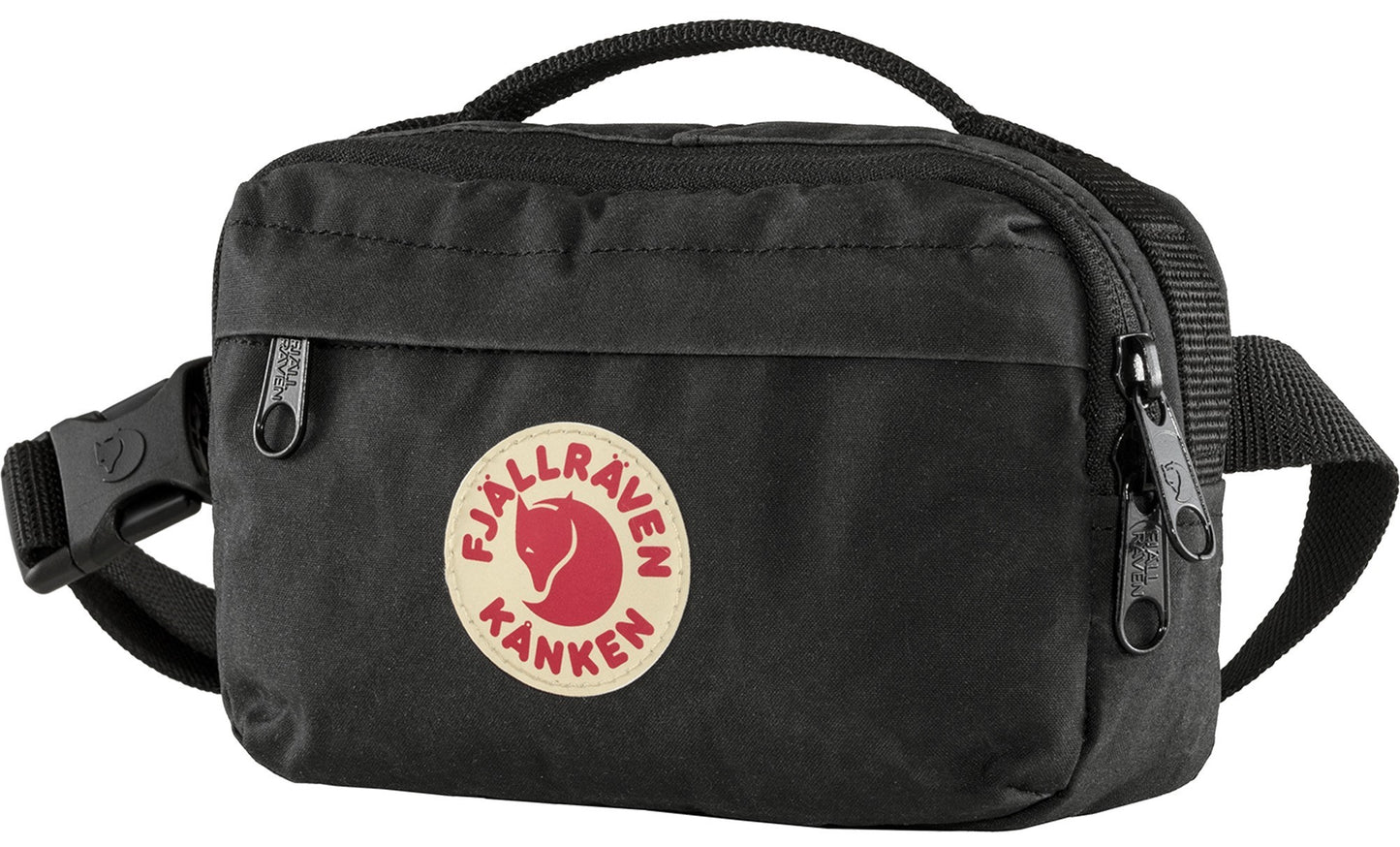 A black hip bag with a round logo on the front, featuring a red fox within a circle.