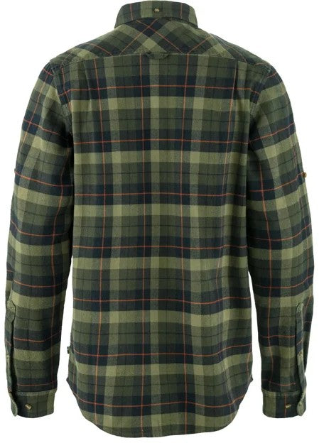 Back view of a long-sleeved, button-down flannel shirt in an olive green and black plaid pattern with thin, vertical red accent lines.