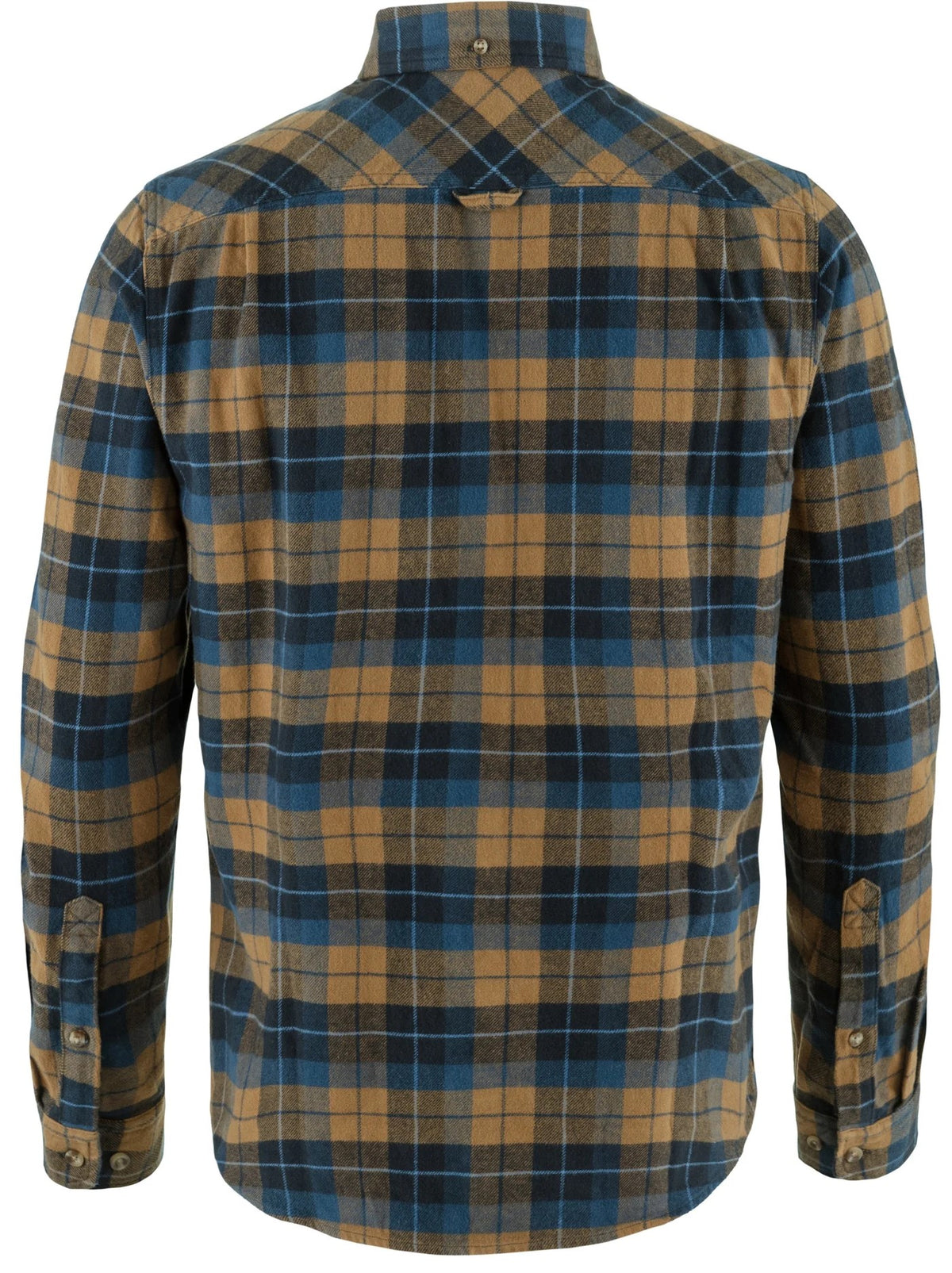 Back view of a long-sleeved button-down shirt featuring a brown, navy blue, and black plaid pattern, with a buttoned collar and buttoned cuffs.